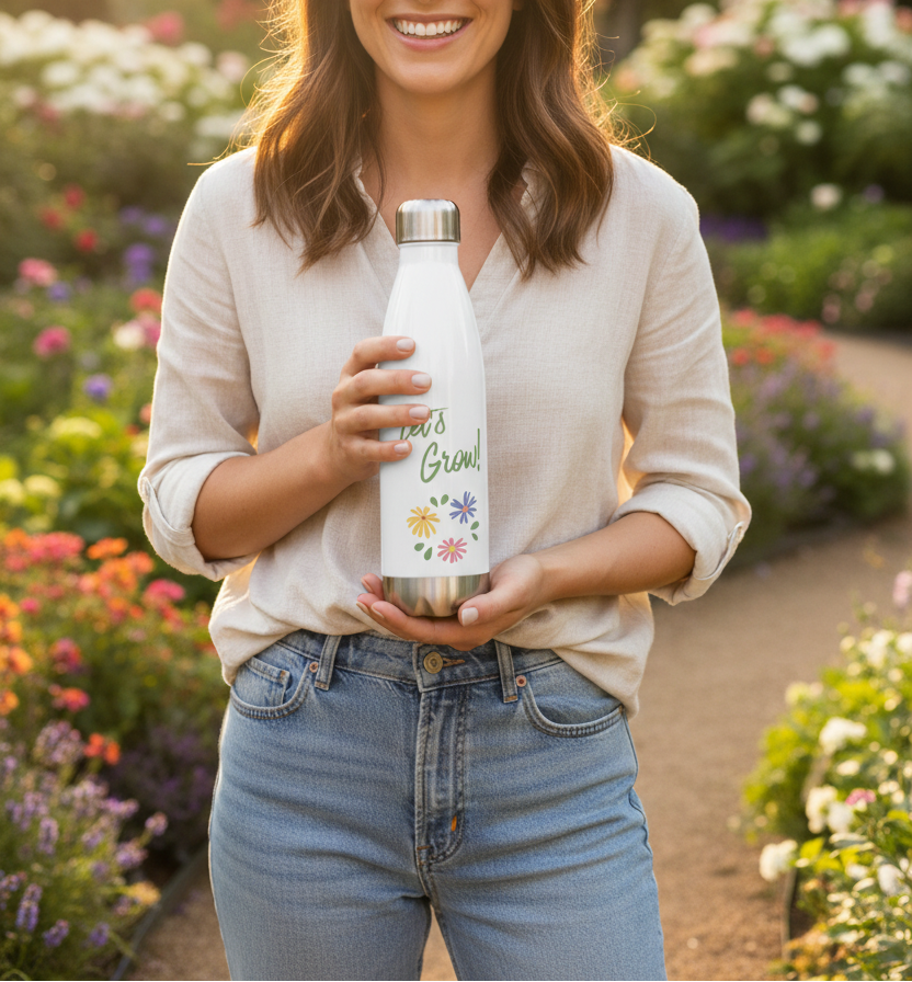 Woman holding a water bottle with a garden-themed design in a garden setting