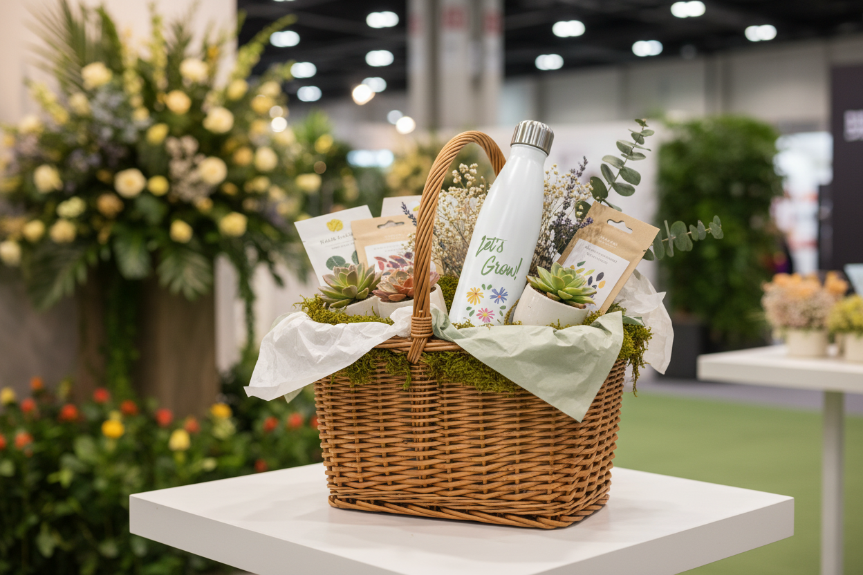 Gift basket with a water bottle labeled 'I'm Great!' on a table with floral arrangements in the background.