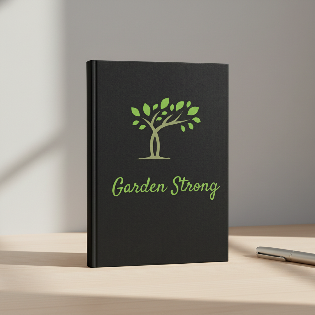 Black notebook with 'Garden Strong' and a tree design on a wooden surface.