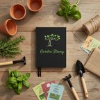 Garden Strong notebook with gardening tools and plants on a wooden surface
