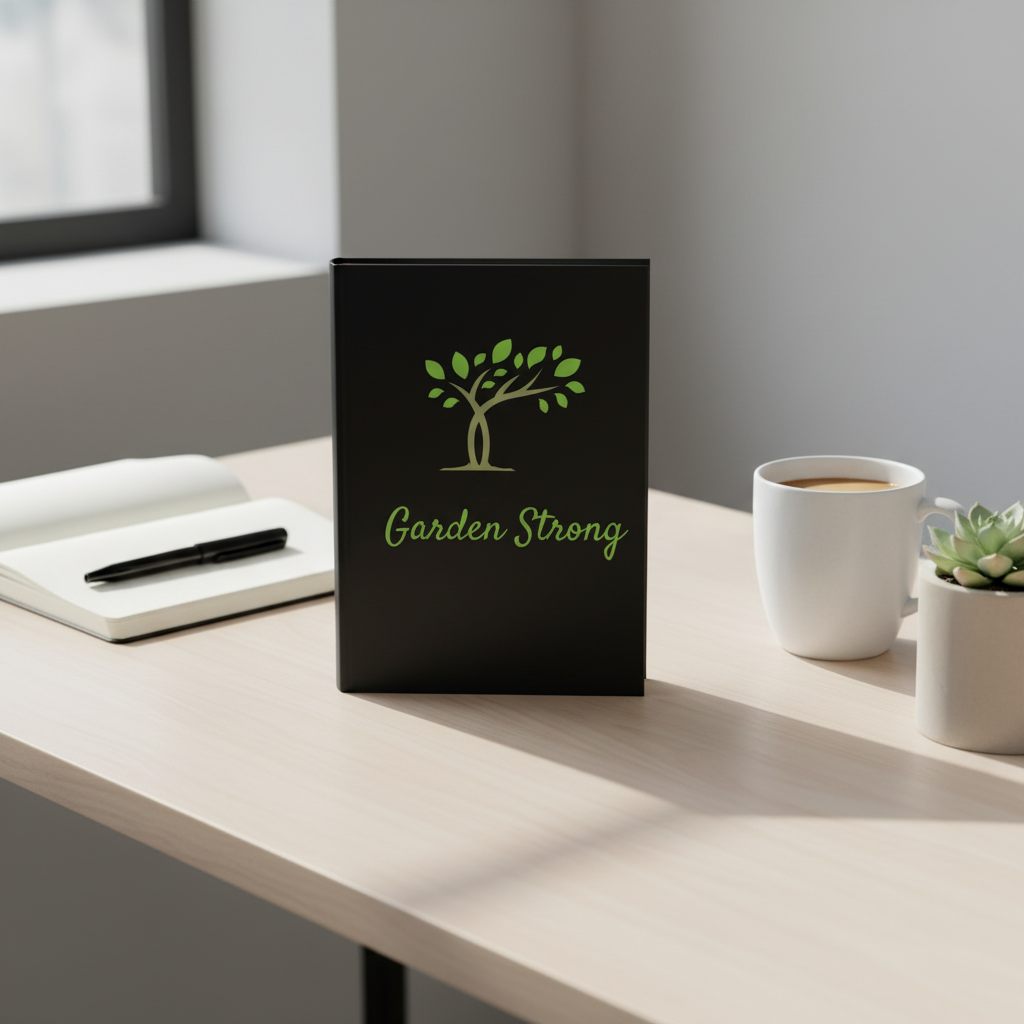 Black notebook with 'Garden Strong' design on a desk with a cup of coffee and plant.