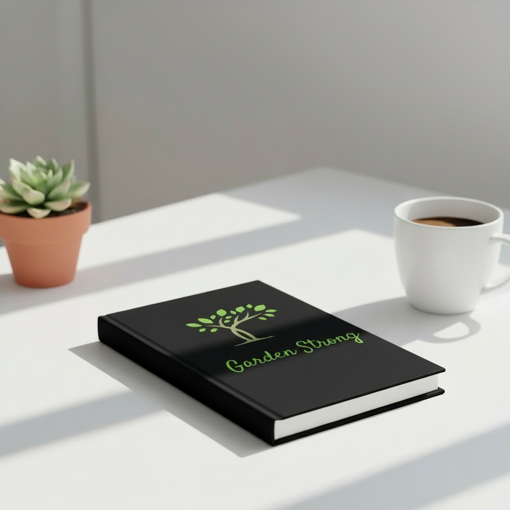 Black book with 'Garden Strong' logo on a white surface with a cup of coffee and plant.