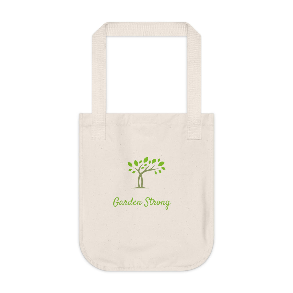 Beige tote bag with a green tree and 'Garden Strong' text on a white background