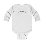 White baby onesie with 'Merry Christmas' text and tree design on a white background