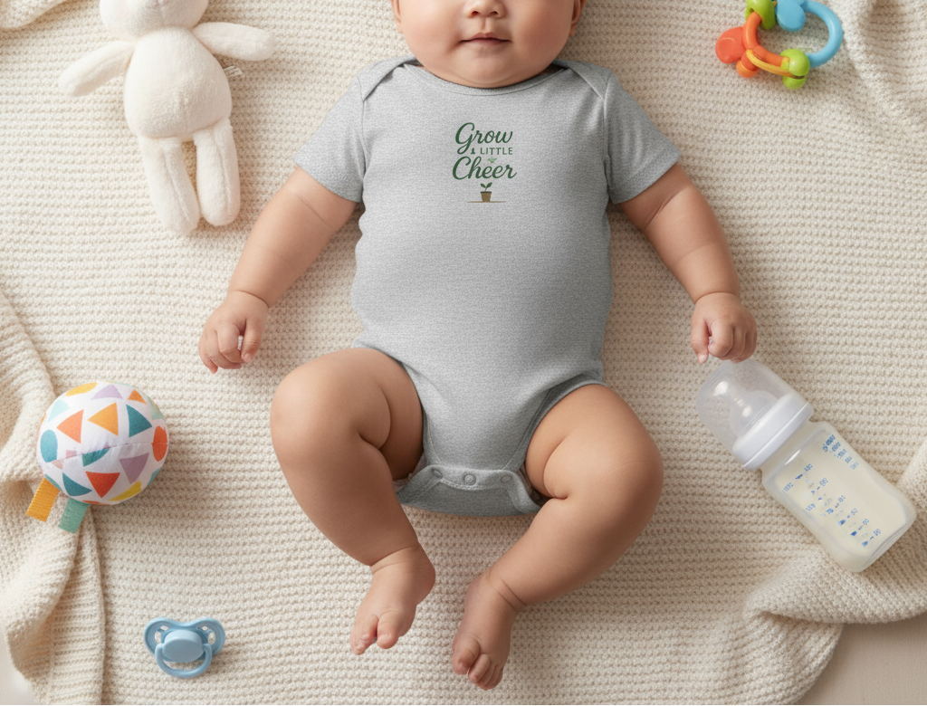 Baby lying on a blanket with toys and a bottle, wearing a gray onesie.