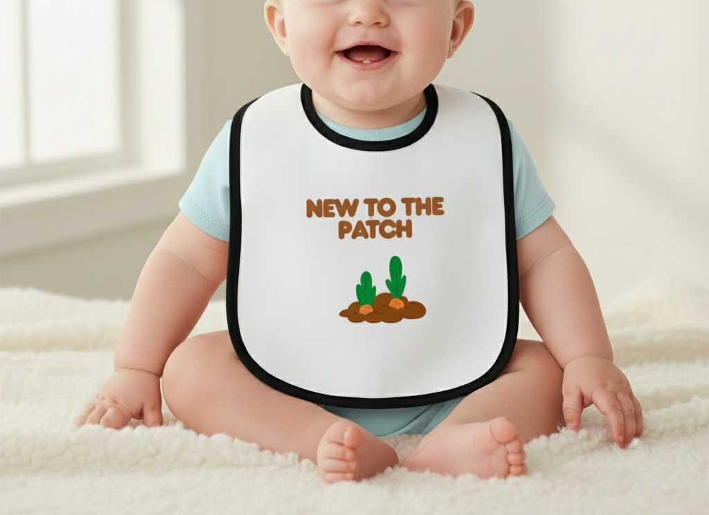 Baby wearing a bib with 'New to the Patch' text and cactus graphics on a white background