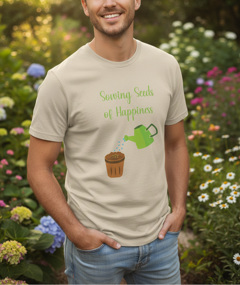 Man wearing a t-shirt with 'Sowing Seeds of Happiness' design in a garden setting