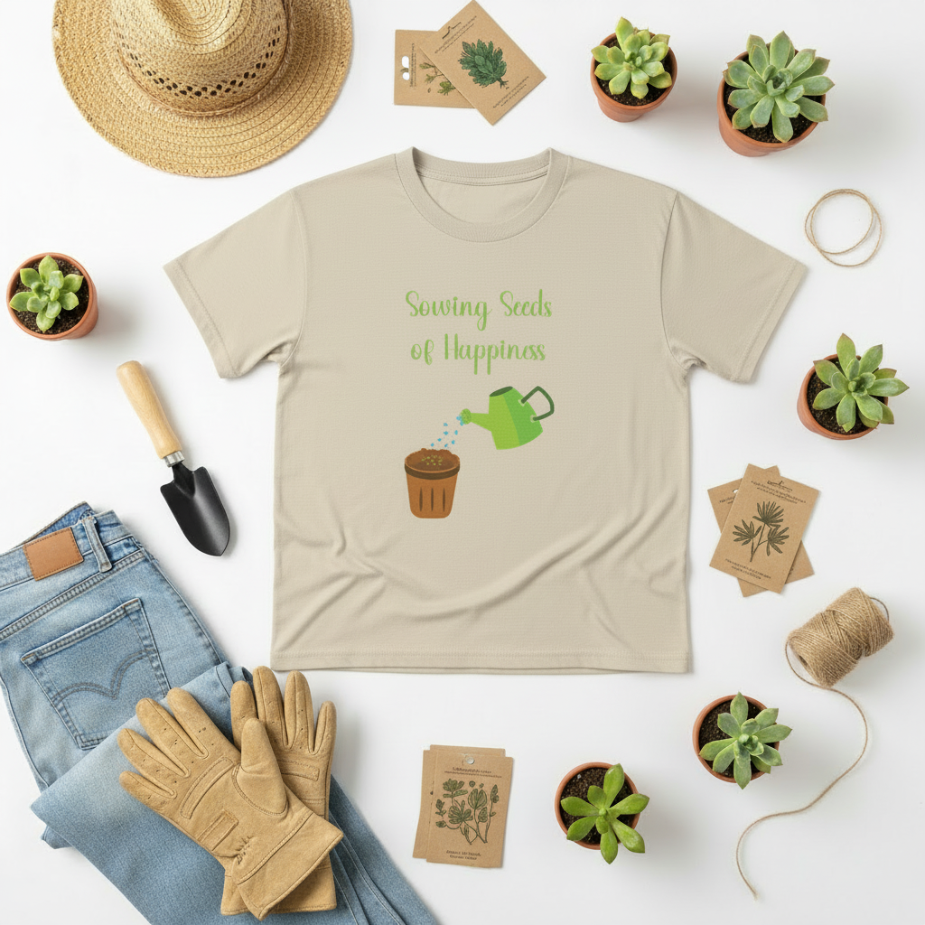 Beige t-shirt with gardening-themed design surrounded by gardening tools and plants on a white background