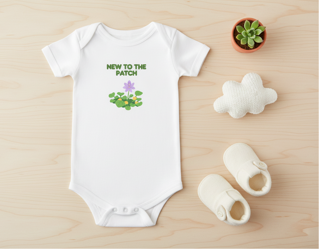 White baby onesie with 'New to the Patch' text and plant graphics on a wooden surface with baby shoes and a small plant.