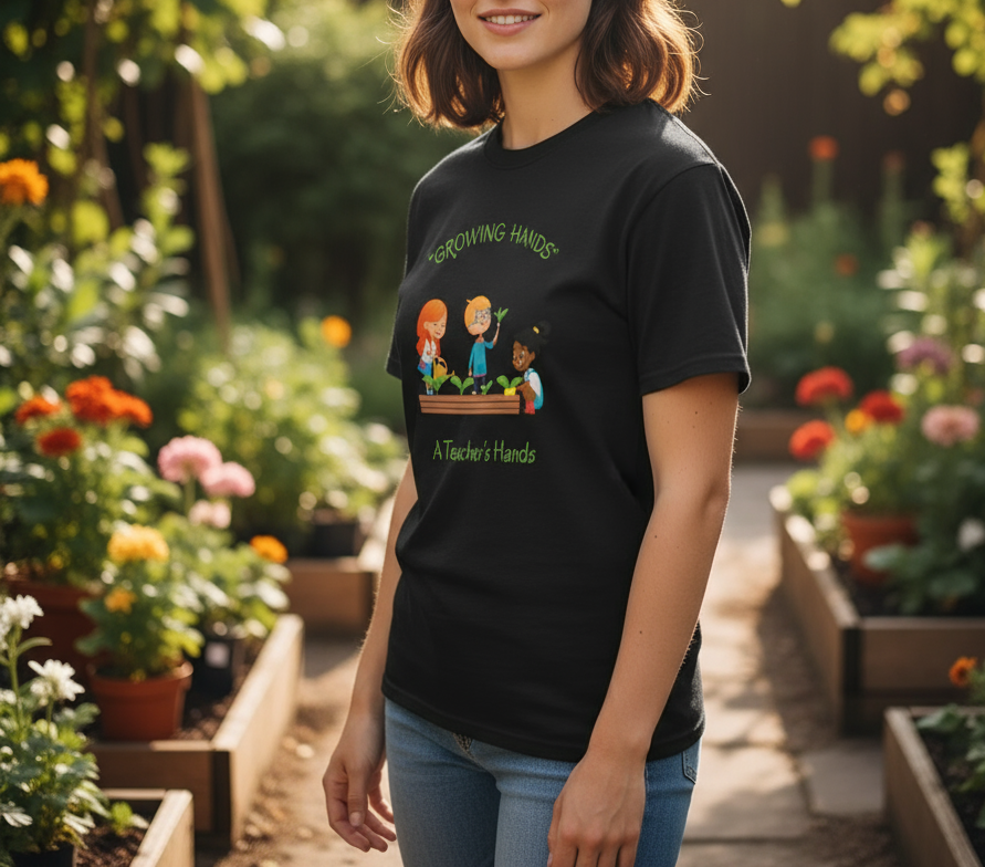 Person wearing a black t-shirt with a graphic design in a garden setting