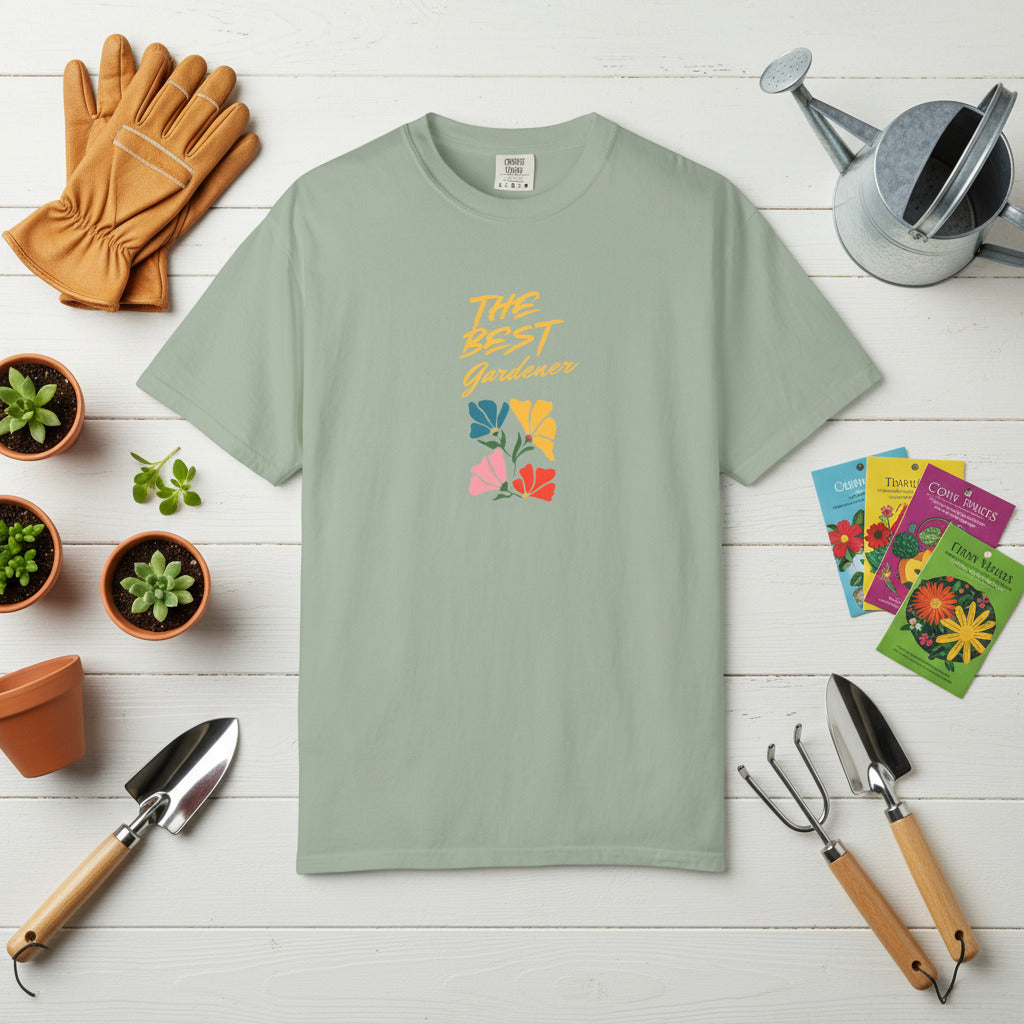 Green t-shirt with floral design and text on a beige background