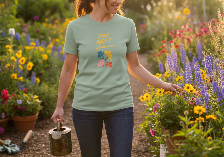 Green t-shirt with floral design and text on a beige background