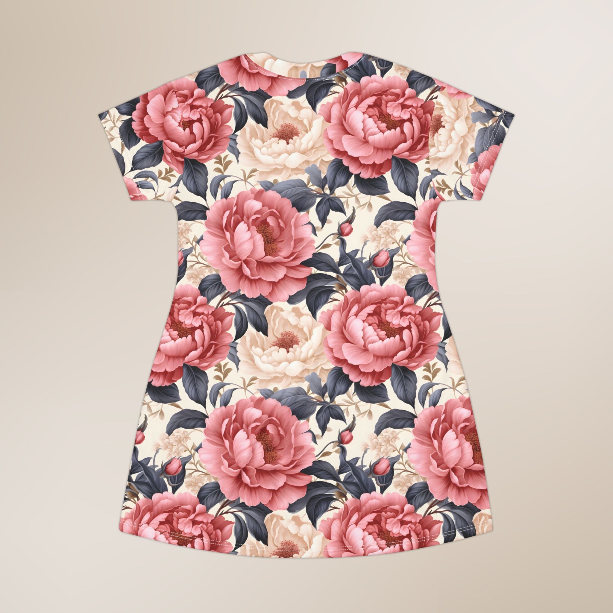Floral dress with pink and red flowers on a beige background