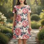 Woman wearing a floral dress in a garden setting