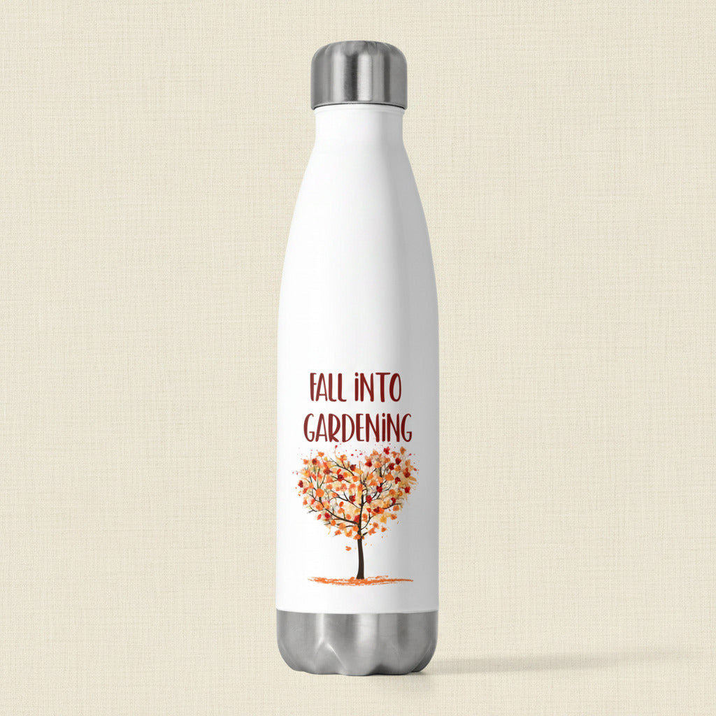 White water bottle with 'Fall into Gardening' text and tree graphic on a white background