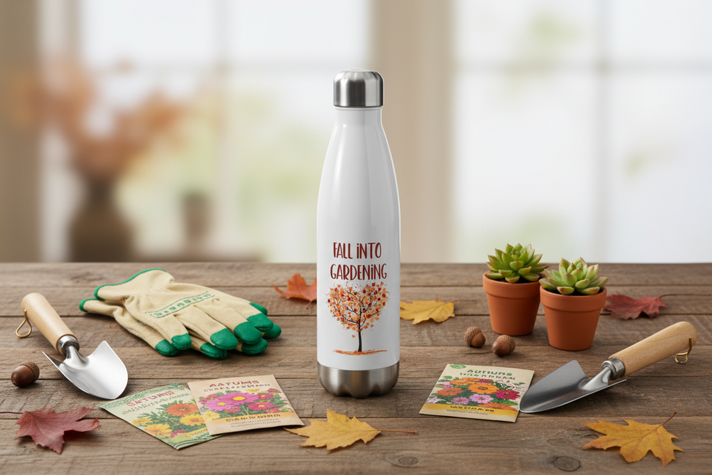 White water bottle with gardening-themed design on a wooden table with gardening tools and plants.
