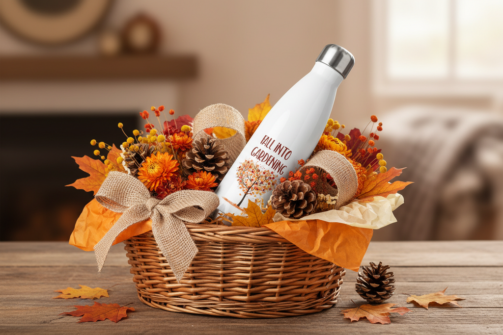 White water bottle with 'Fall into Carving' design in a basket with autumn-themed decorations on a wooden surface.