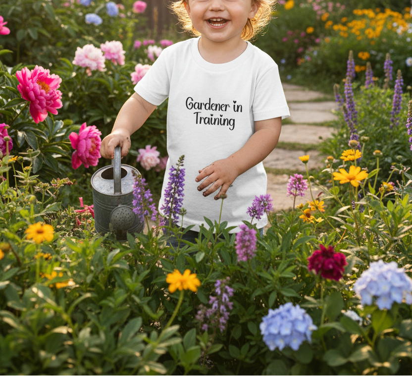 Toddler short-sleeve T-shirt, white with “Gardener in Training” print