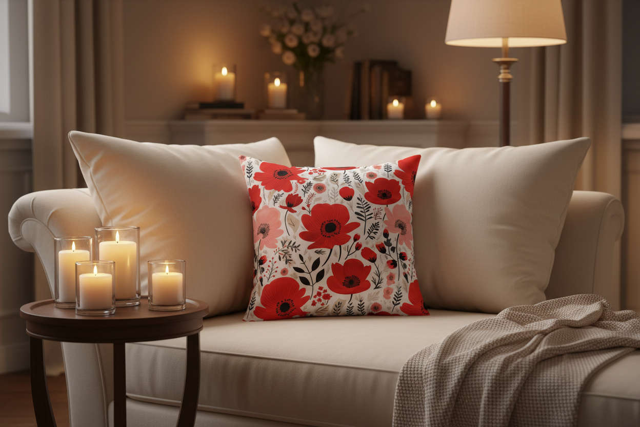 Cozy living room with a beige sofa, floral pillow, and candles on a side table.