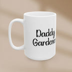 White mug with 'Daddy Gardener' text on a beige background