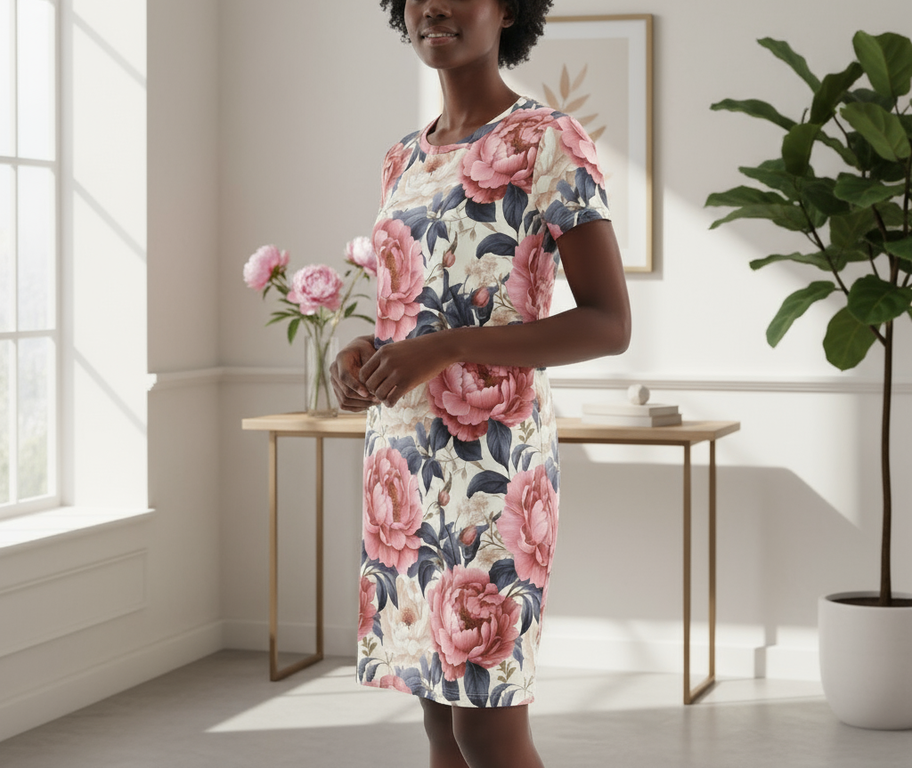 Woman wearing a floral dress standing in a bright room with a plant and table.