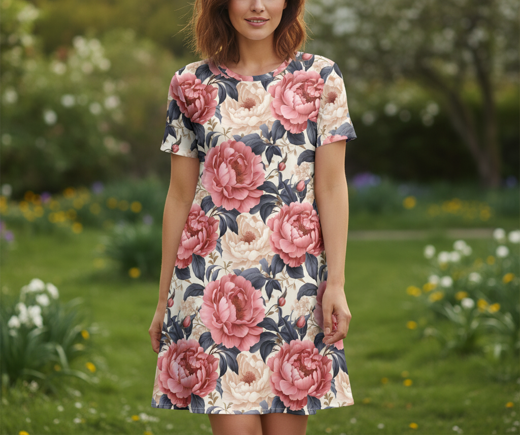 Woman wearing a floral dress with pink roses in a garden setting