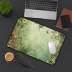 Floral mouse pad on a desk with a laptop, notebook, and cup of coffee.