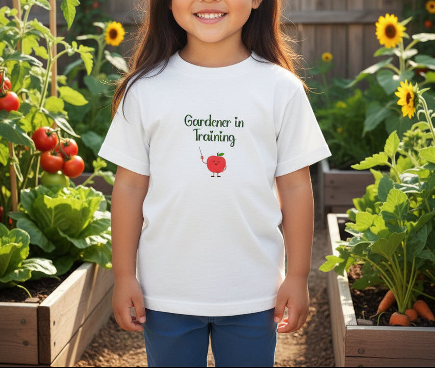Child wearing a white t-shirt with 'Gardener in Training' text and an apple graphic on a beige background