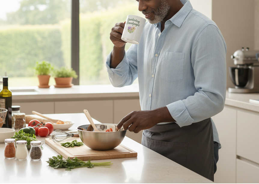 Man in a kitchen preparing food, holding a mug.
