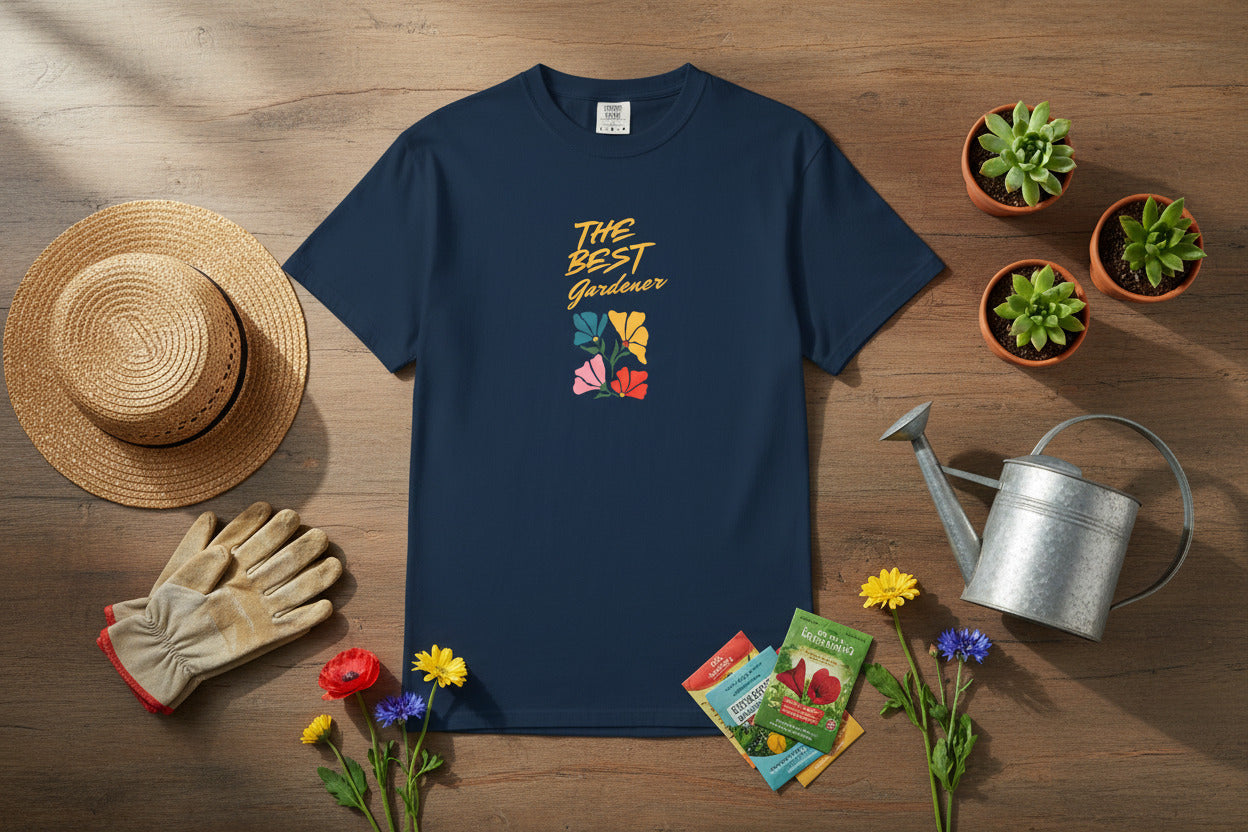 Navy blue t-shirt with 'The Best Gardener' text and floral design on a beige background