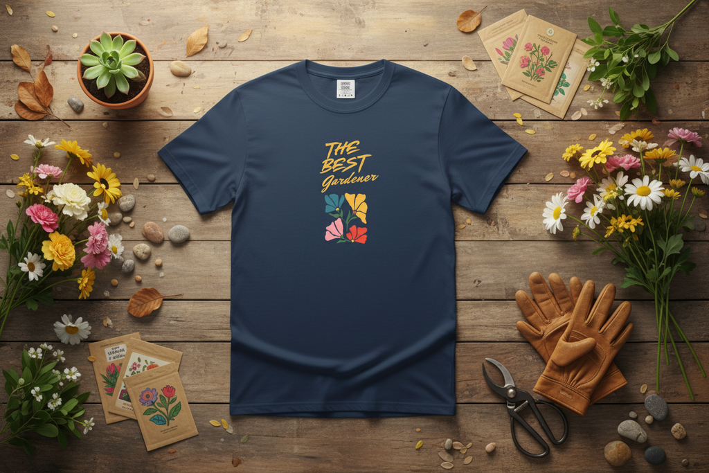 Navy blue t-shirt with 'The Best Gardener' text and floral design on a beige background