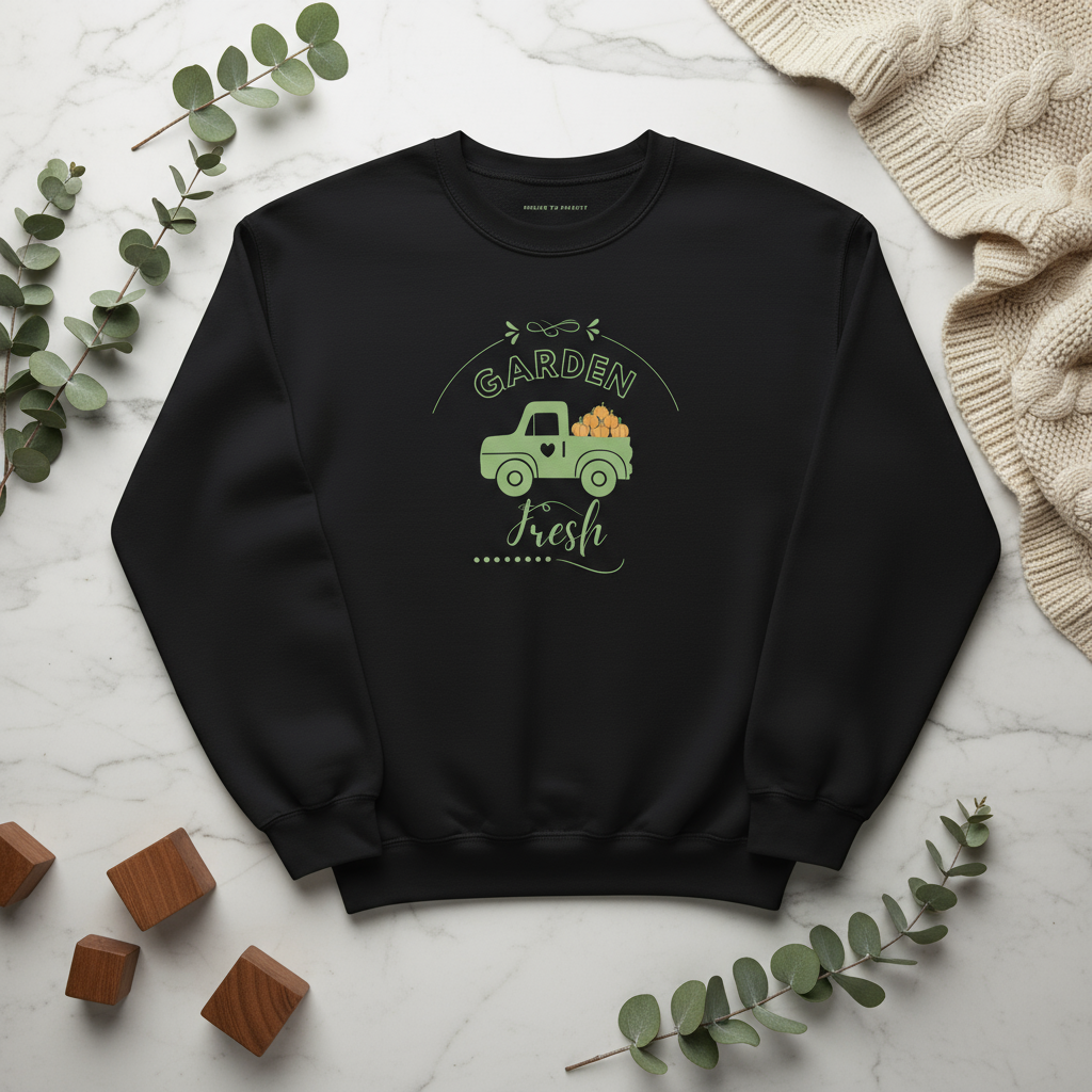 Black sweatshirt with 'Garden Fresh' graphic on a marble surface with decorative elements.