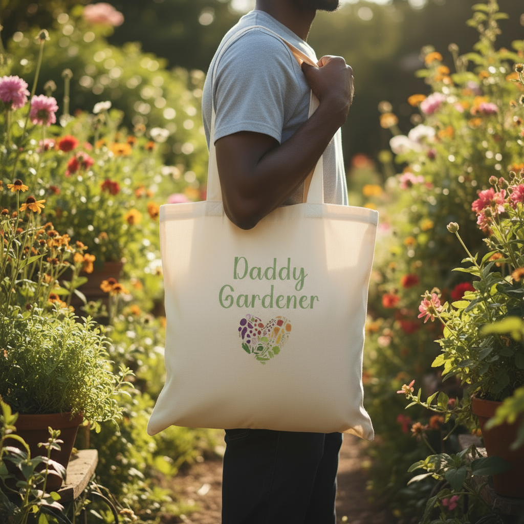 Person holding a tote bag with 'Daddy Gardener' text in a garden setting