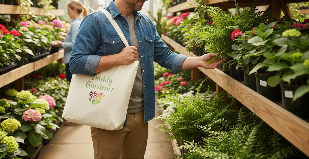 Person shopping for plants in a garden center with a tote bag labeled 'Happy Gardener'.