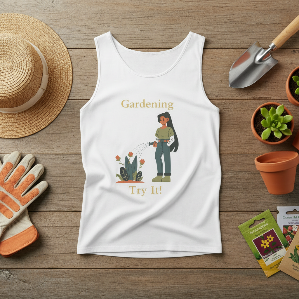 White tank top with gardening graphic, gardening tools, and plants on a wooden surface