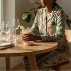 Person in a floral outfit sitting at a table with a drink and snacks.