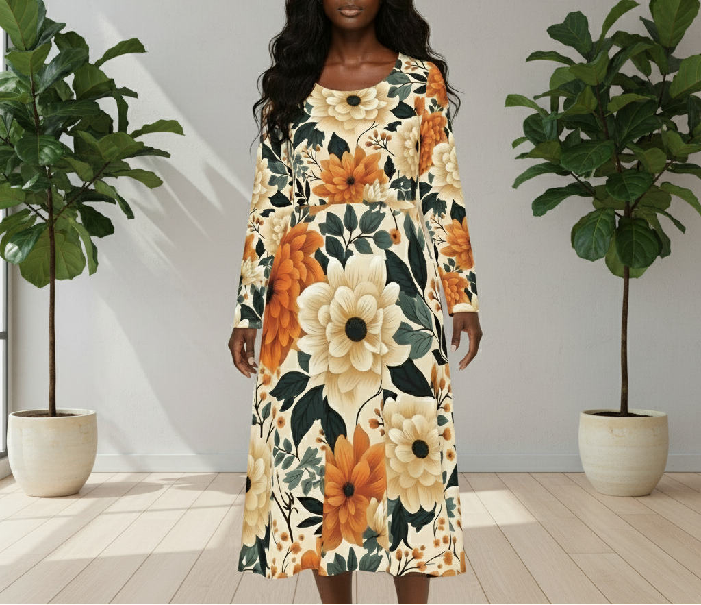 Woman wearing a floral dress with orange and beige flowers in a room with plants.