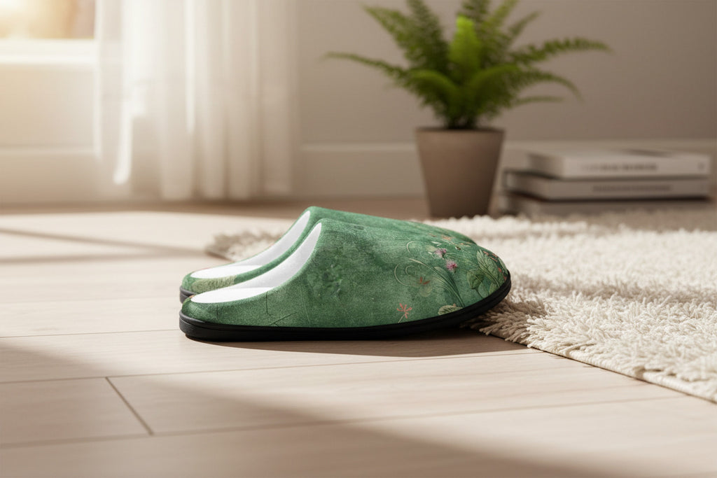 Pair of green slippers with floral pattern on a white background
