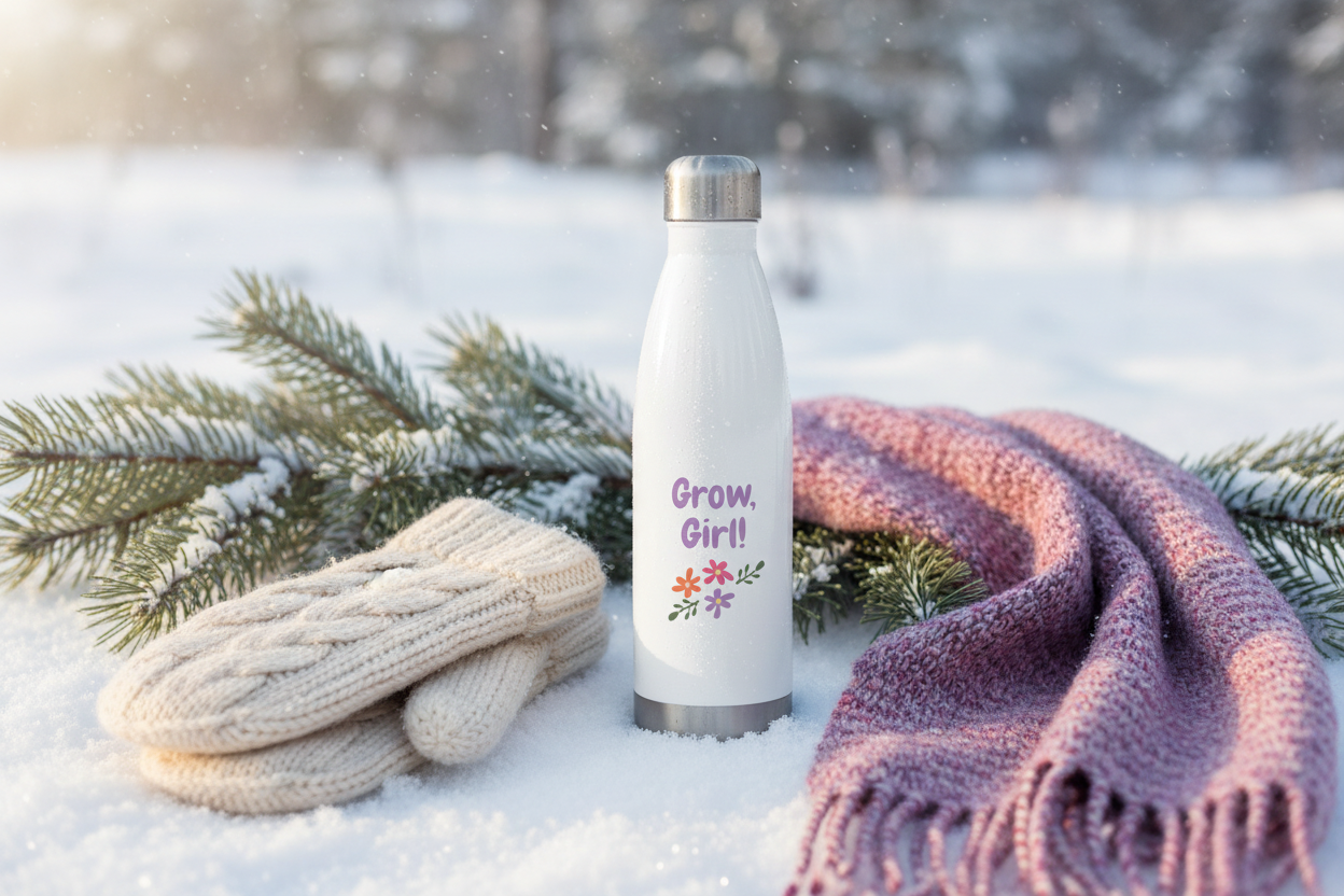 White insulated bottle with 'Grow, Girl!' text and floral design in the snow.