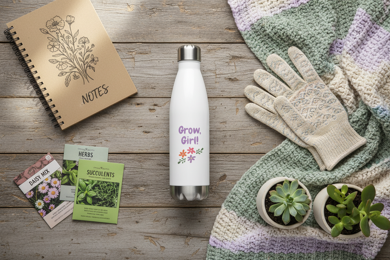Gardening-themed items including a water bottle, gloves, and plant seed packets on a wooden surface.