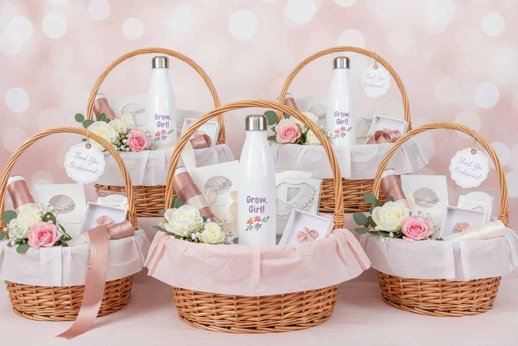 Set of gift baskets with flowers and water bottles on a pink background