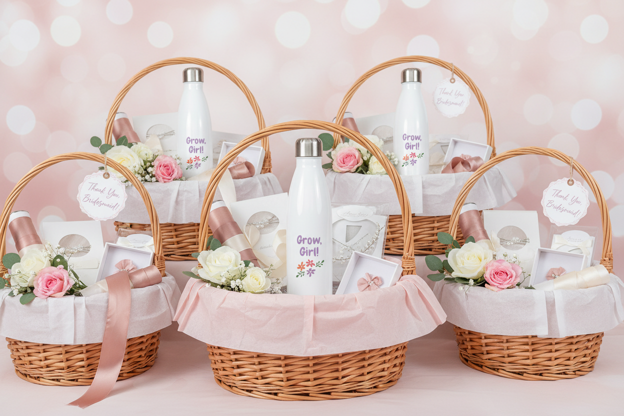Set of gift baskets with flowers and water bottles on a pink background