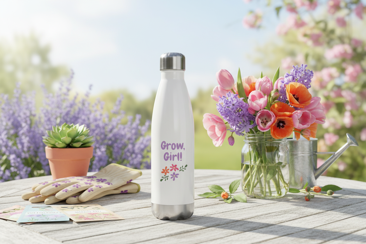White water bottle with 'Grow Girl!' text on a table with flowers and gardening tools