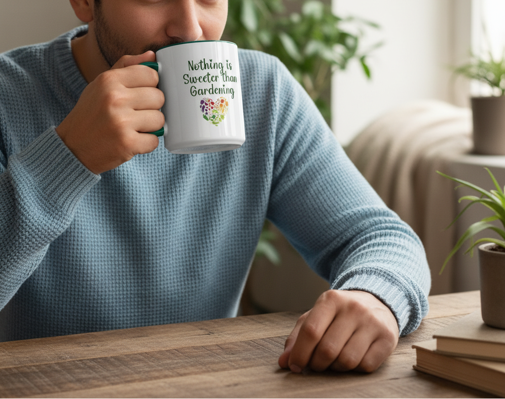 Person holding a mug with 'Nothing is Sweeter than Gardening' text in a home setting.