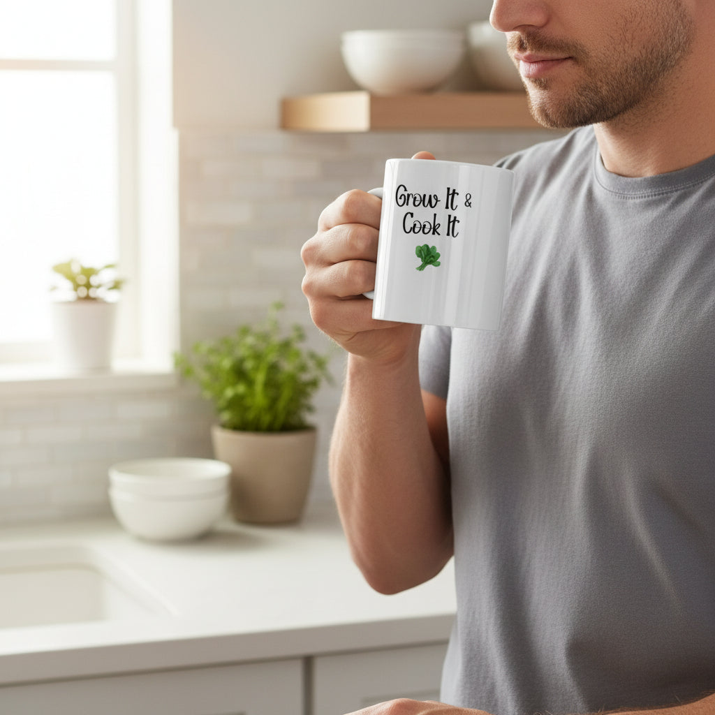 White mug with 'Grow It & Cook It' text and a broccoli illustration on a beige background