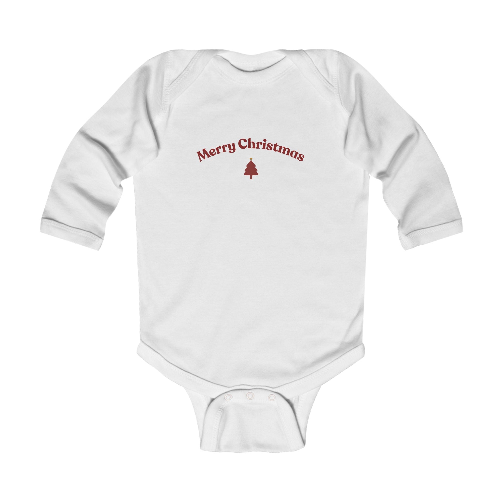 White baby onesie with 'Merry Christmas' text and tree design on a white background