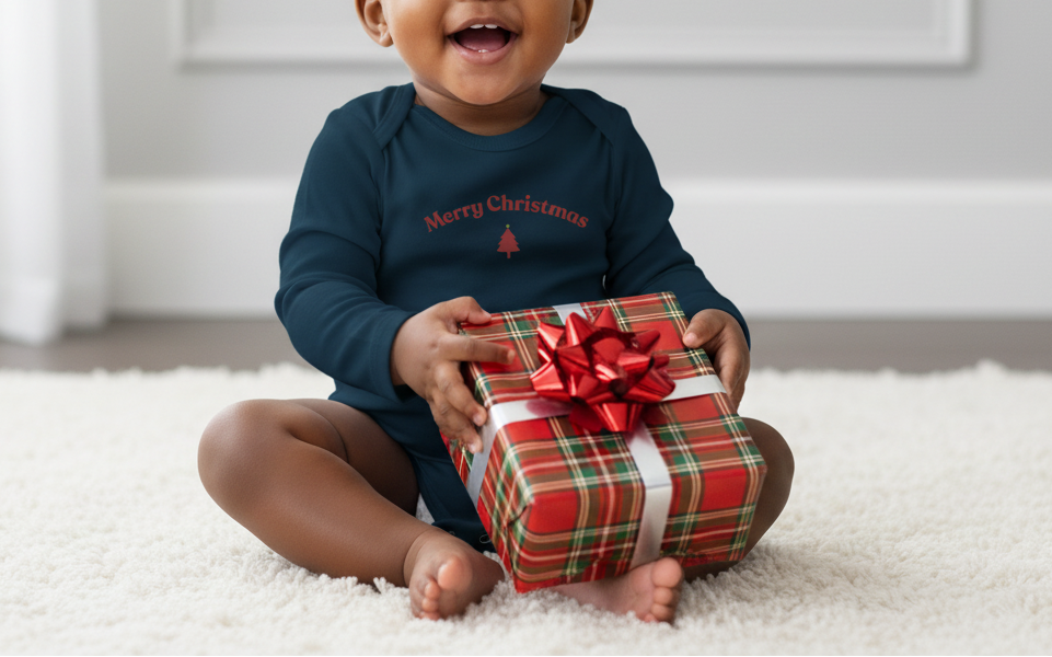 Child wearing a 'Merry Christmas' shirt holding a gift box with a red bow on a white carpet.