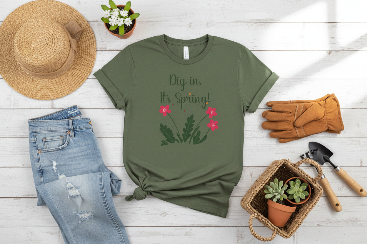 Green t-shirt with 'Dig in, It's Spring!' text and floral design on a wooden surface with gardening tools and plants.