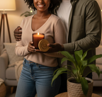 Woman holding a lit candle with a man standing behind her in a cozy living room.
