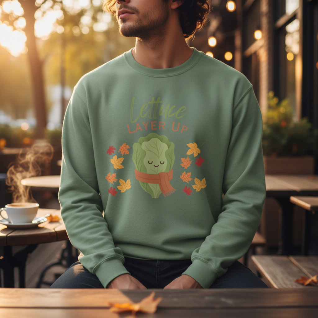 Person wearing a green sweatshirt with a graphic design of a cabbage character and text, sitting outdoors.